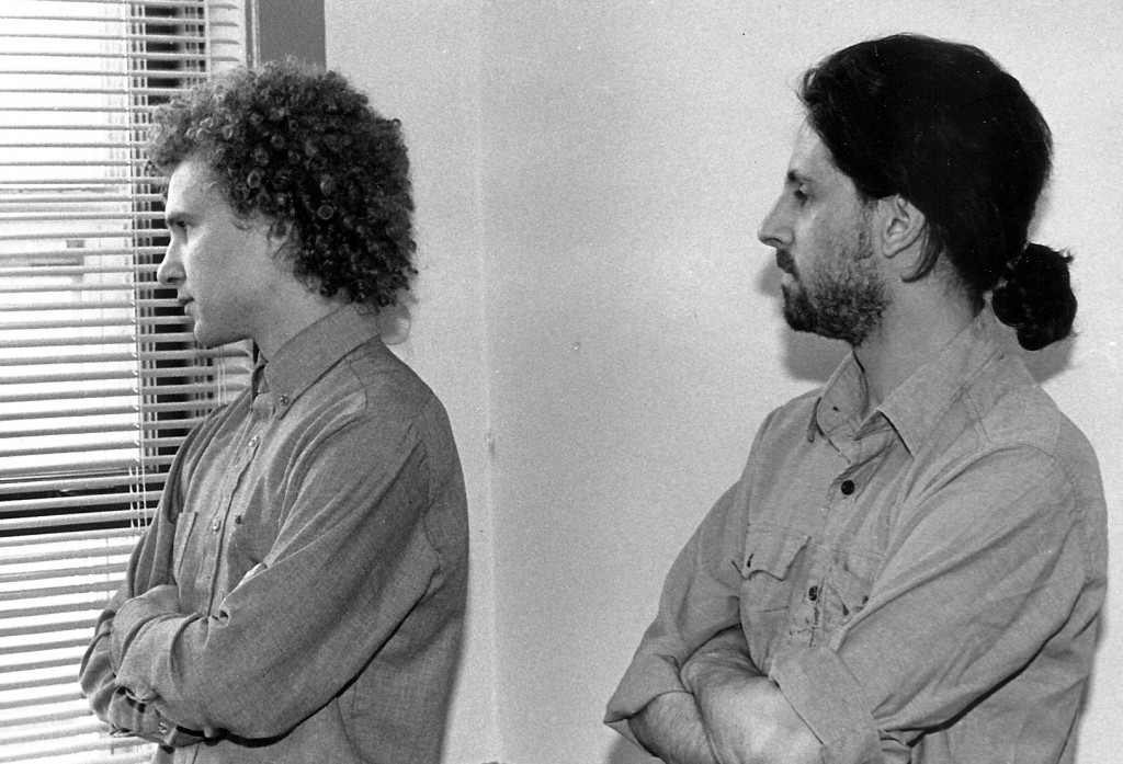 Scott Momenthy (L) and Jeremy Pollack contemplating the future of the newspaper industry in 1986 (Courtesy of Scott Momenthy)