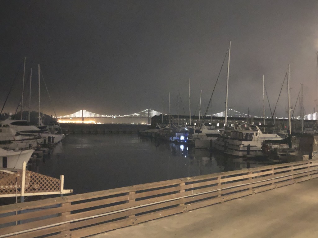 The Bay Bridge was built in 1933. Here's a November view from the Luau Lounge.